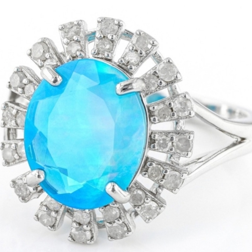 Exotic Natural Paraiba Blue Opal & Diamond Ring Sterling Silver Size 8 - Picture 9 of 13